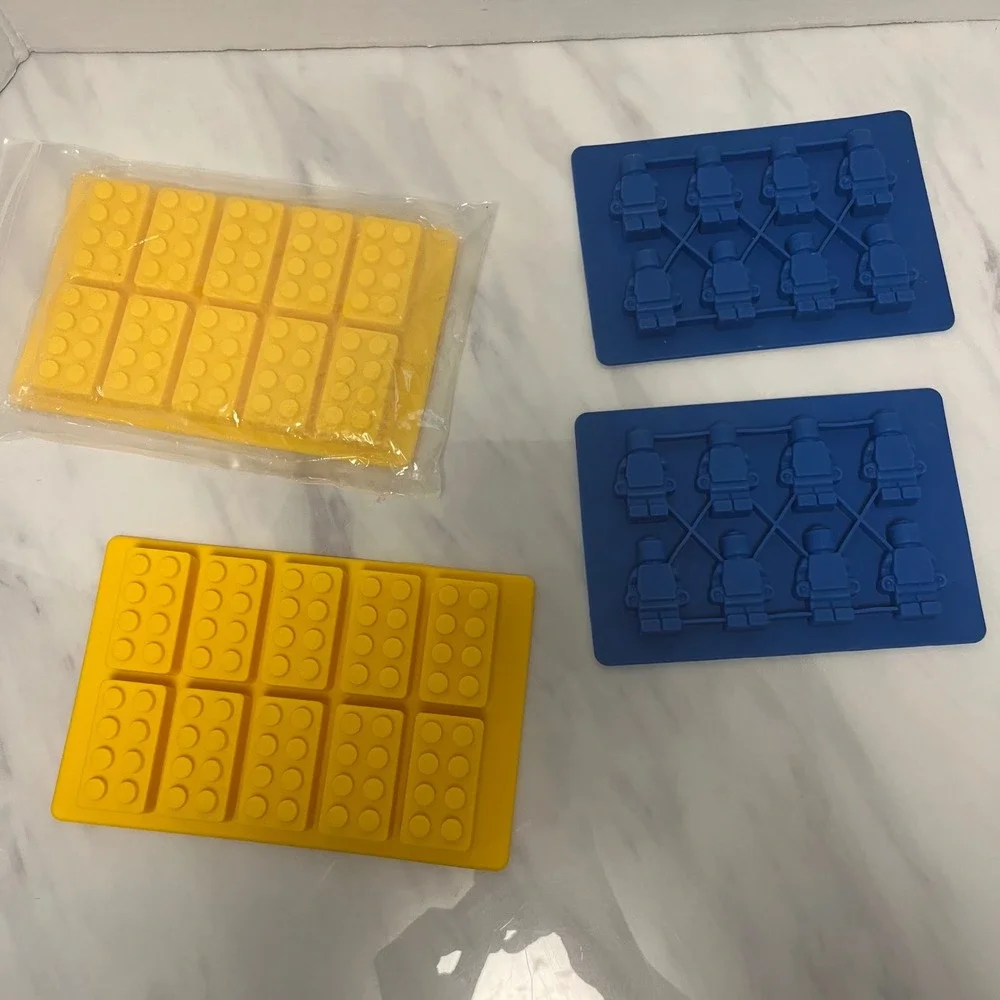 4pc LEGO Brick and Minifigure Silicone Candy Molds Yellow Blue Ice Trays